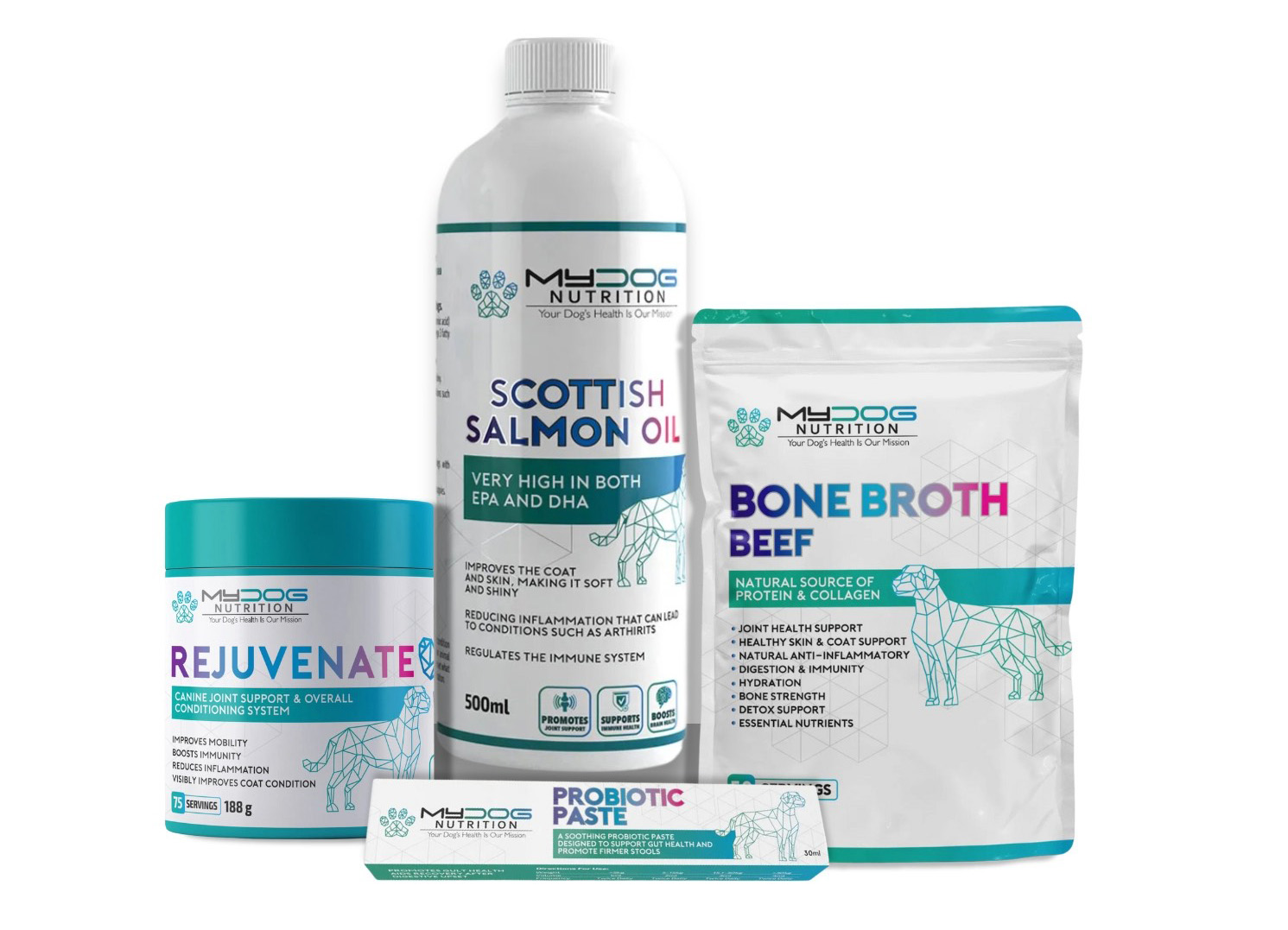 All the my dog nutrition range including: rejuvenate, scottish salmon oil, probiotic paste and beef bone broth