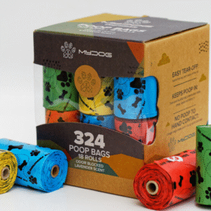 Biodegradable dog poop bags packaging made from plant-based, compostable materials