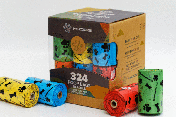 Biodegradable dog poop bags packaging made from plant-based, compostable materials